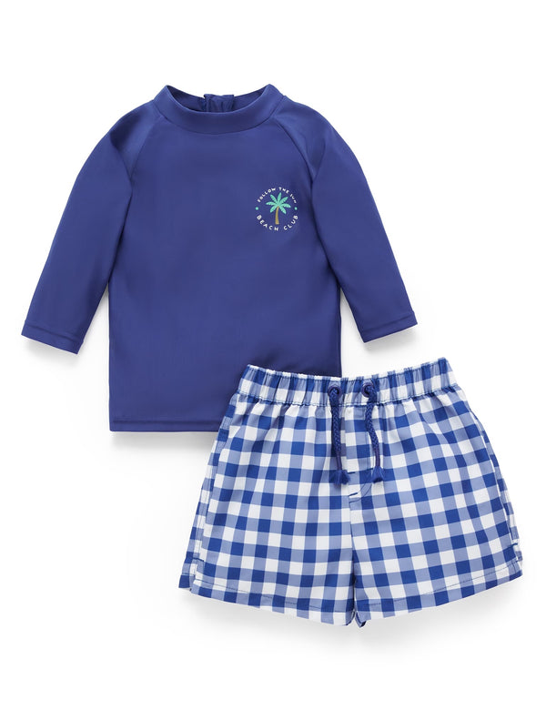 Marine Gingham Board Short & Rashie Set